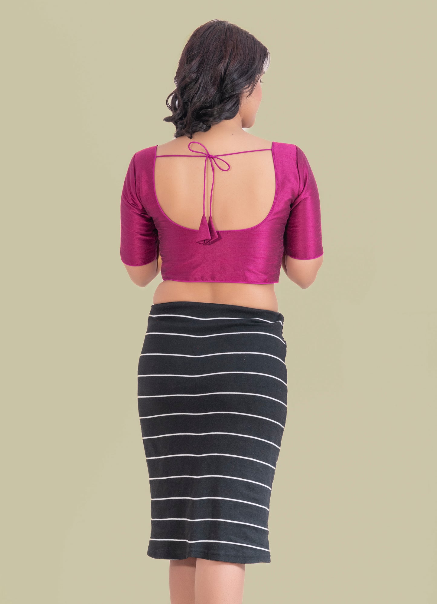Elbow sleeves raw silk plain Magenta Blouse