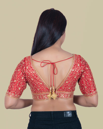 V Neck Elbow Sleeves Golden Embroidery Red Blouse