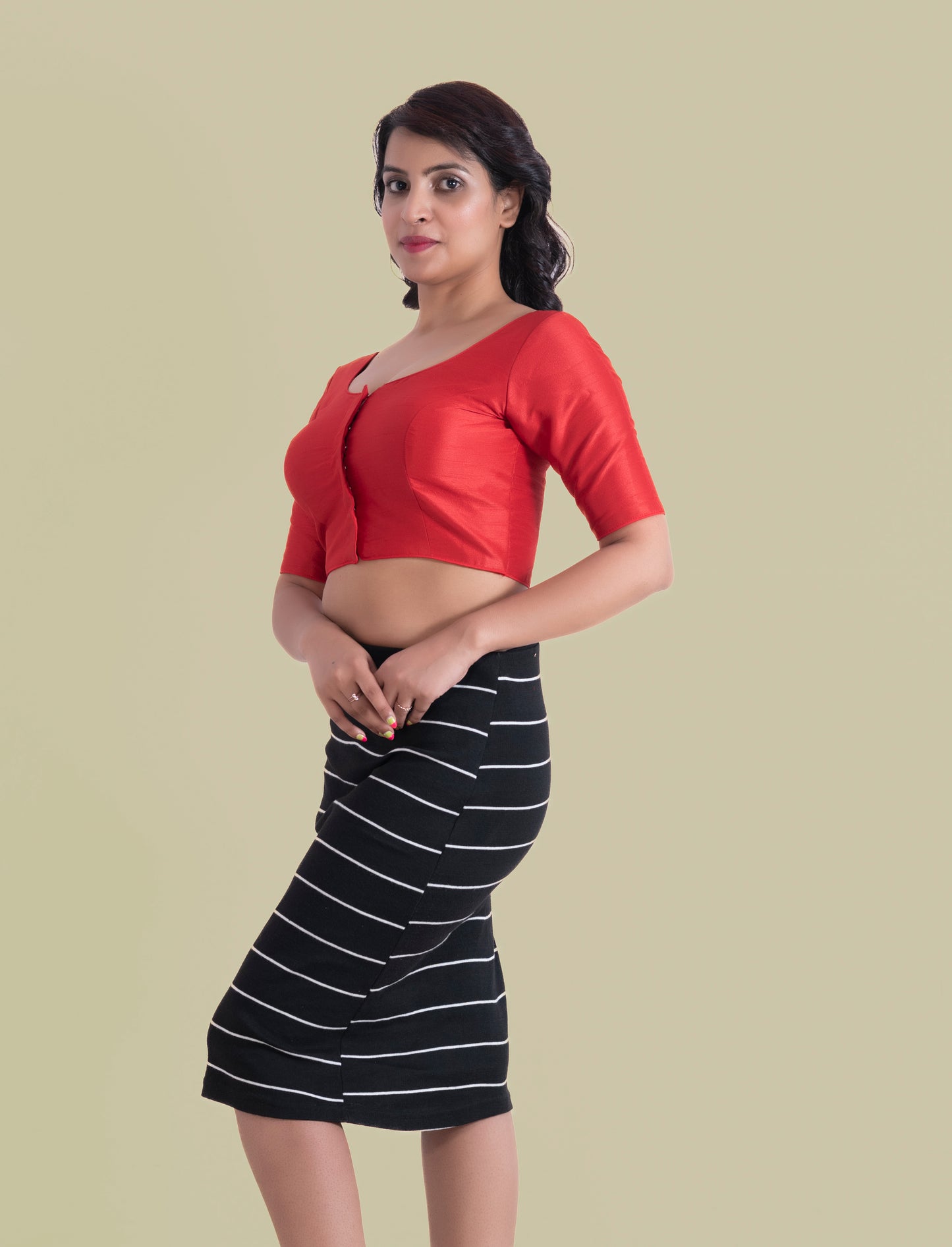 Elbow sleeves raw silk plain red blouse
