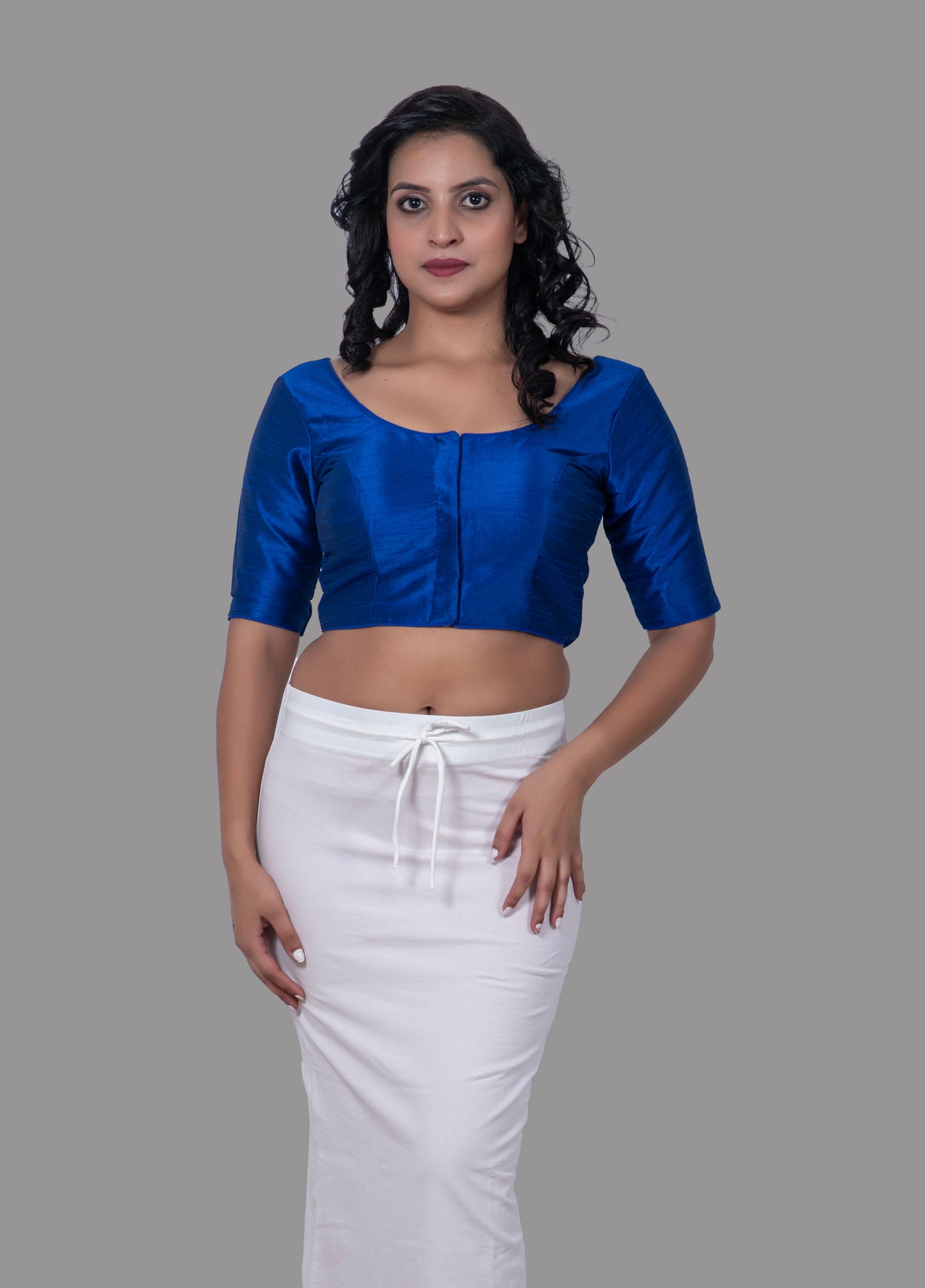 Elbow sleeves Raw Silk Plain Blue Blouse