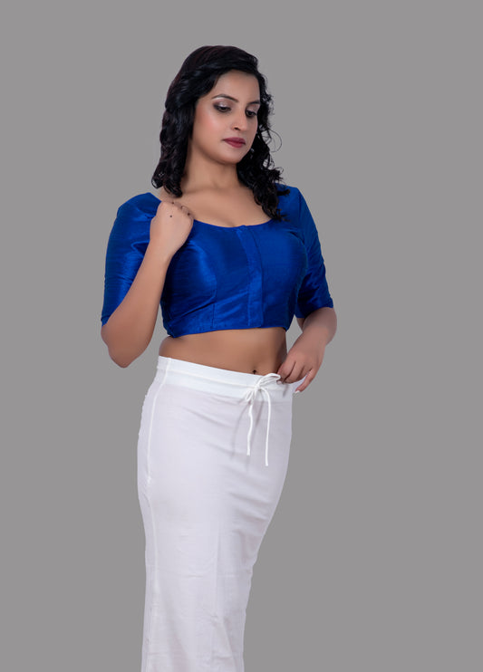 Elbow sleeves Raw Silk Plain Blue Blouse